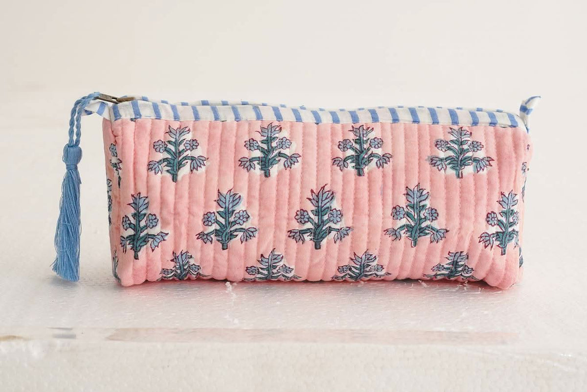 Winter Rose Block Print Quilted Makeup Bag