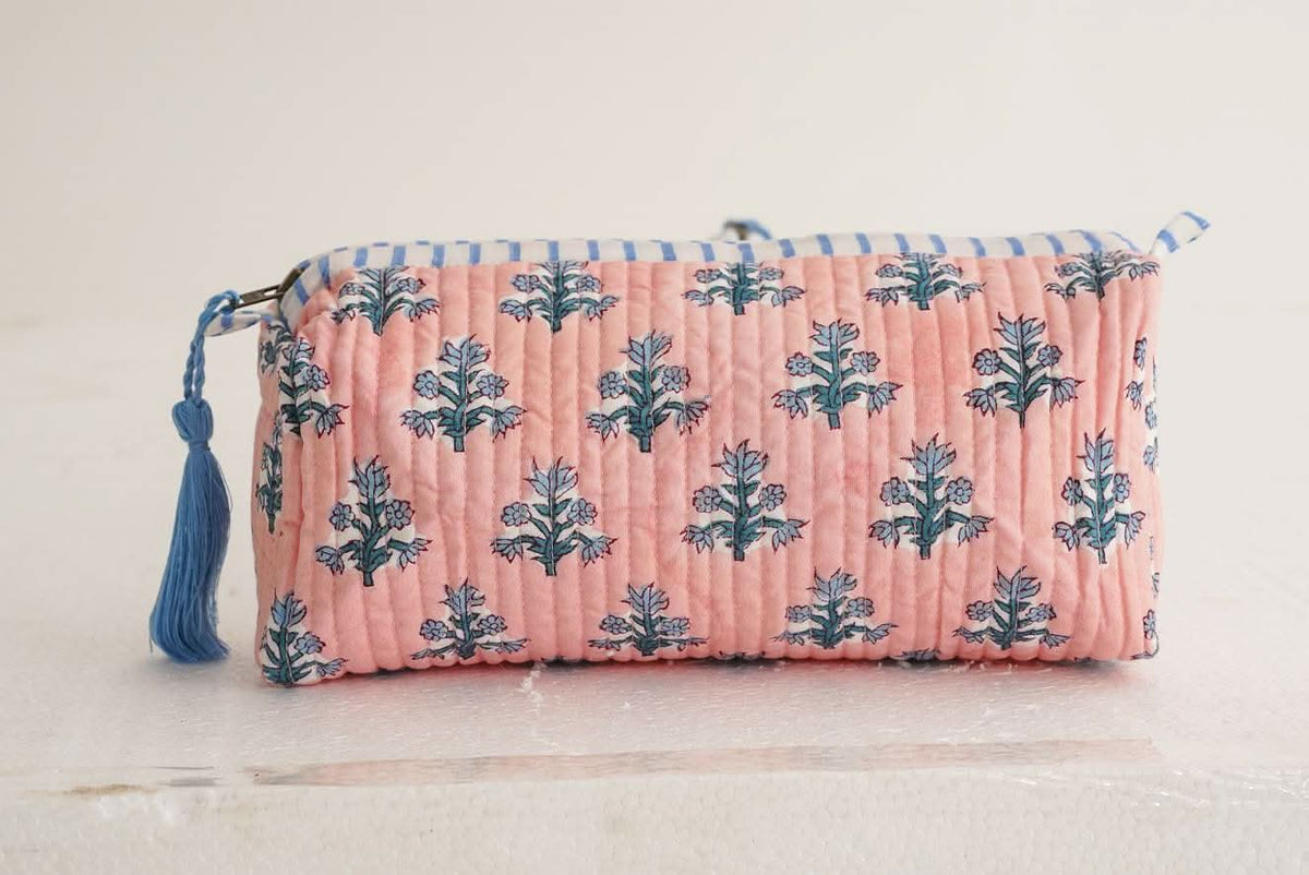 Winter Rose Block Print Quilted Makeup Bag
