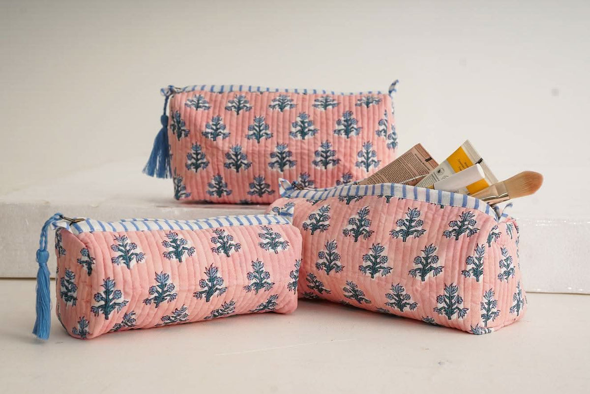 Winter Rose Block Print Quilted Makeup Bags (Set of 3)