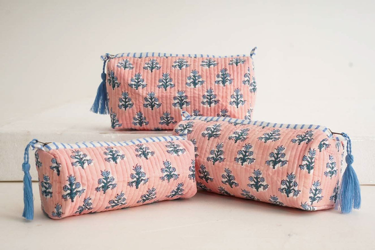 Winter Rose Block Print Quilted Makeup Bags (Set of 3)