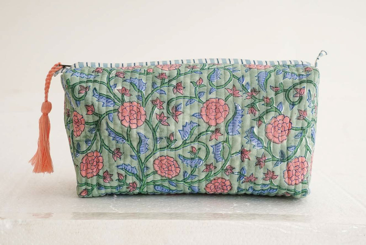 Verdant Bloom Block Print Quilted Makeup Bag