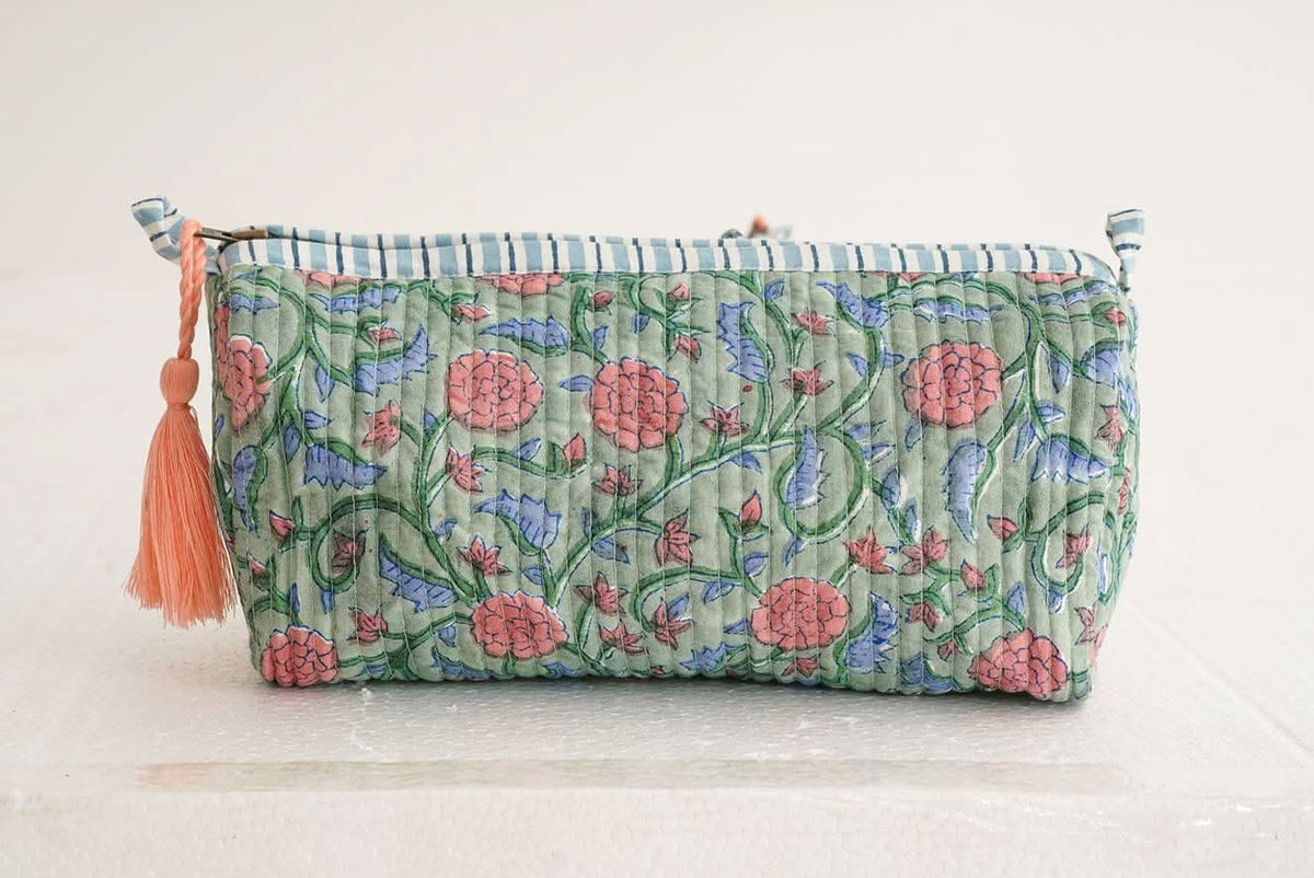 Verdant Bloom Block Print Quilted Makeup Bag