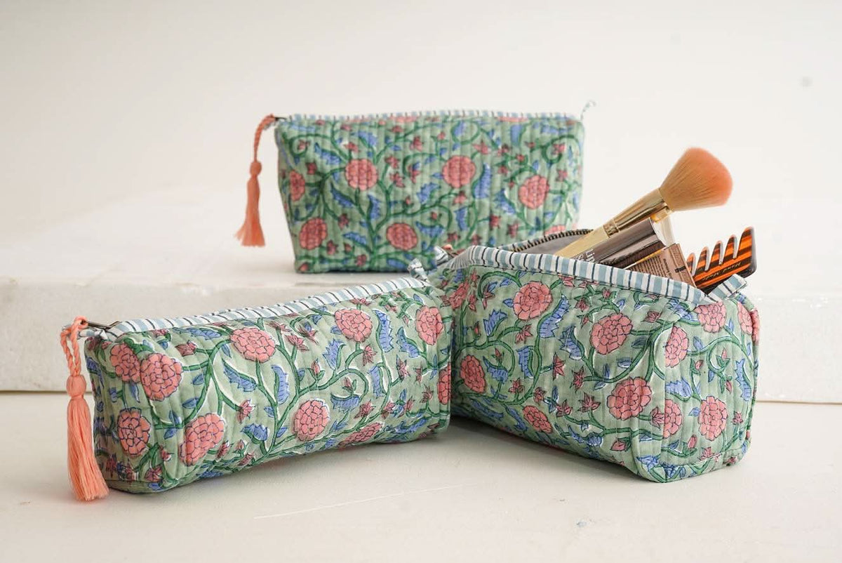 Verdant Bloom Block Print Quilted Makeup Bags (Set of 3)