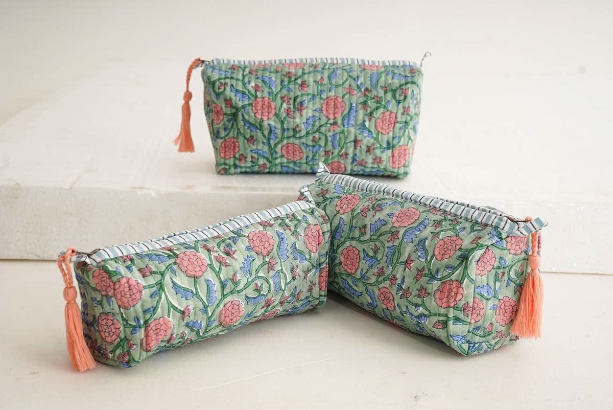 Verdant Bloom Block Print Quilted Makeup Bags (Set of 3)